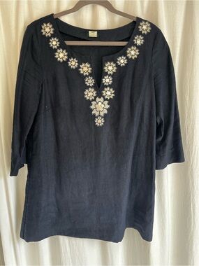 J. Crew Navy Linen Tunic with Cream and Silver Floral Embroidery